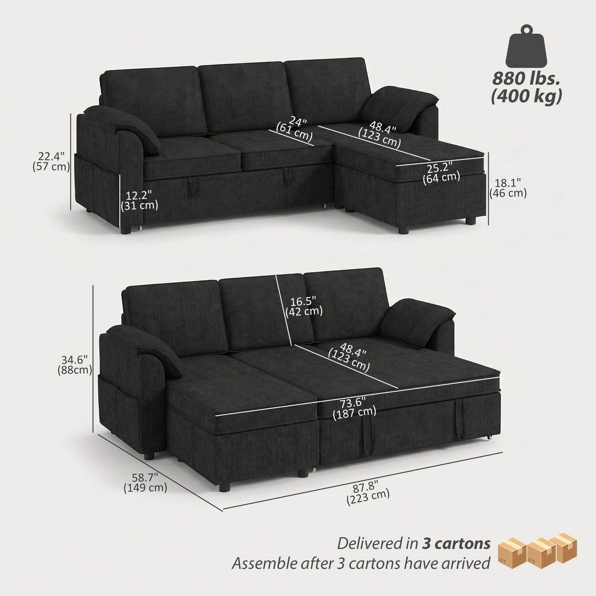 Sectional Sofa Bed Reversible with Storage