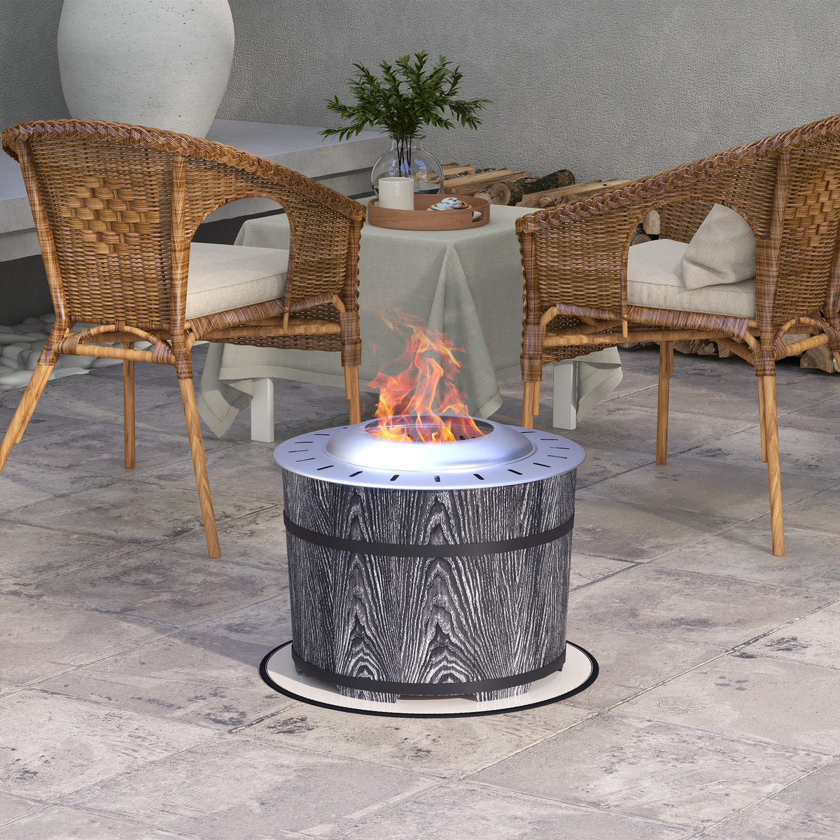 Brasero exterior sin humo con alfombra protectora