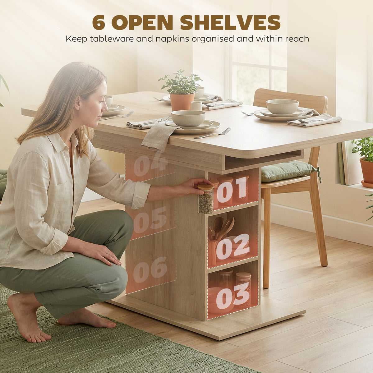 Mesa de comedor extensible con estantes integrados