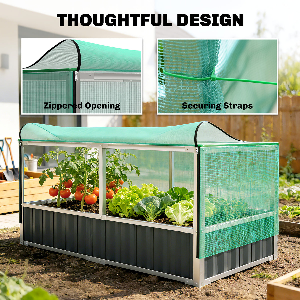 174x90x70cm Steel Raised Garden Bed with Cover Grey