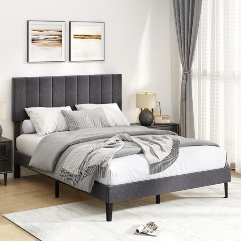 Velvet Upholstered Platform Bed with Channel Headboard