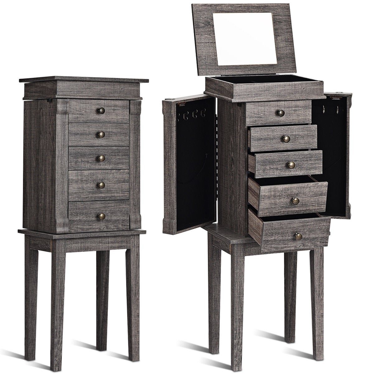 Armoire à bijoux sur pied avec miroir et pattes en bois
