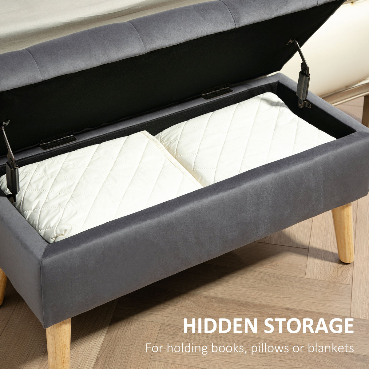 Velvet Storage Ottoman Bench with Wood Legs