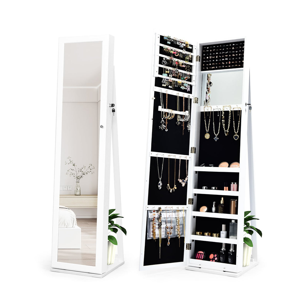 Armoire à bijoux verrouillable sur pied avec miroir pleine longueur