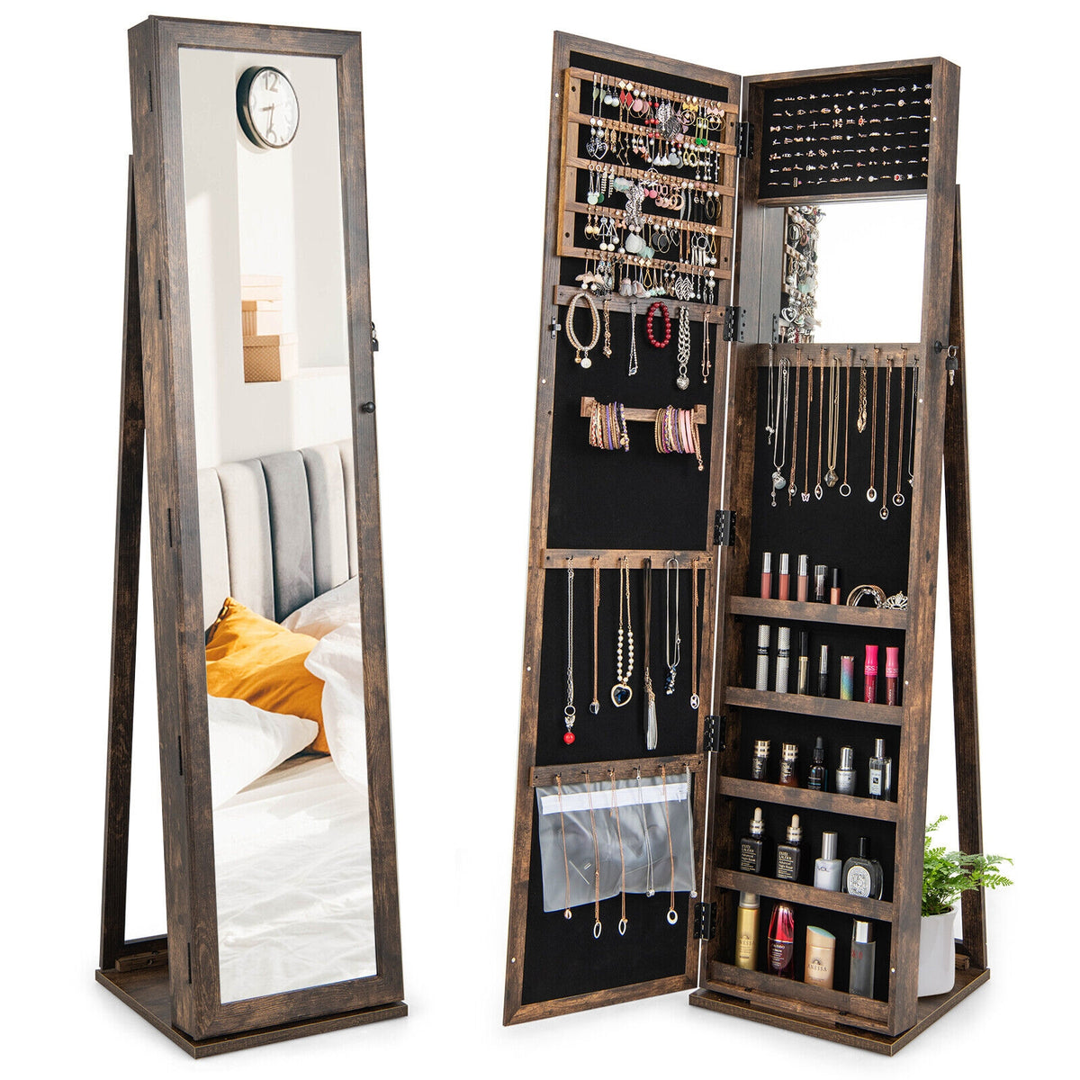 Armoire à bijoux verrouillable sur pied avec miroir pleine longueur