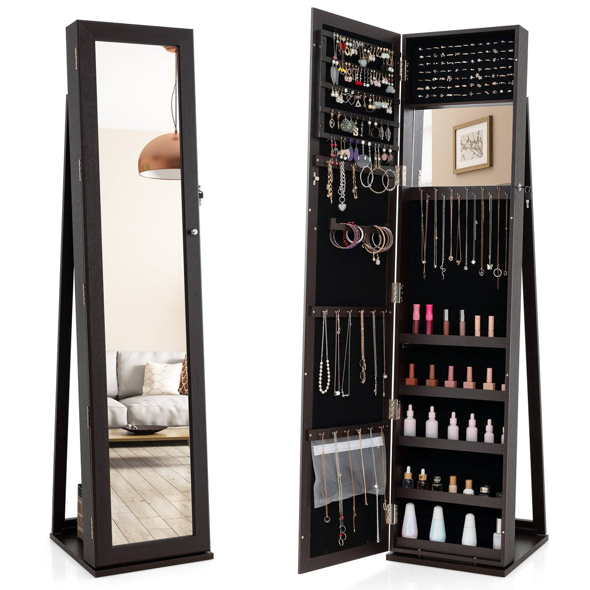 Armoire à bijoux verrouillable sur pied avec miroir pleine longueur