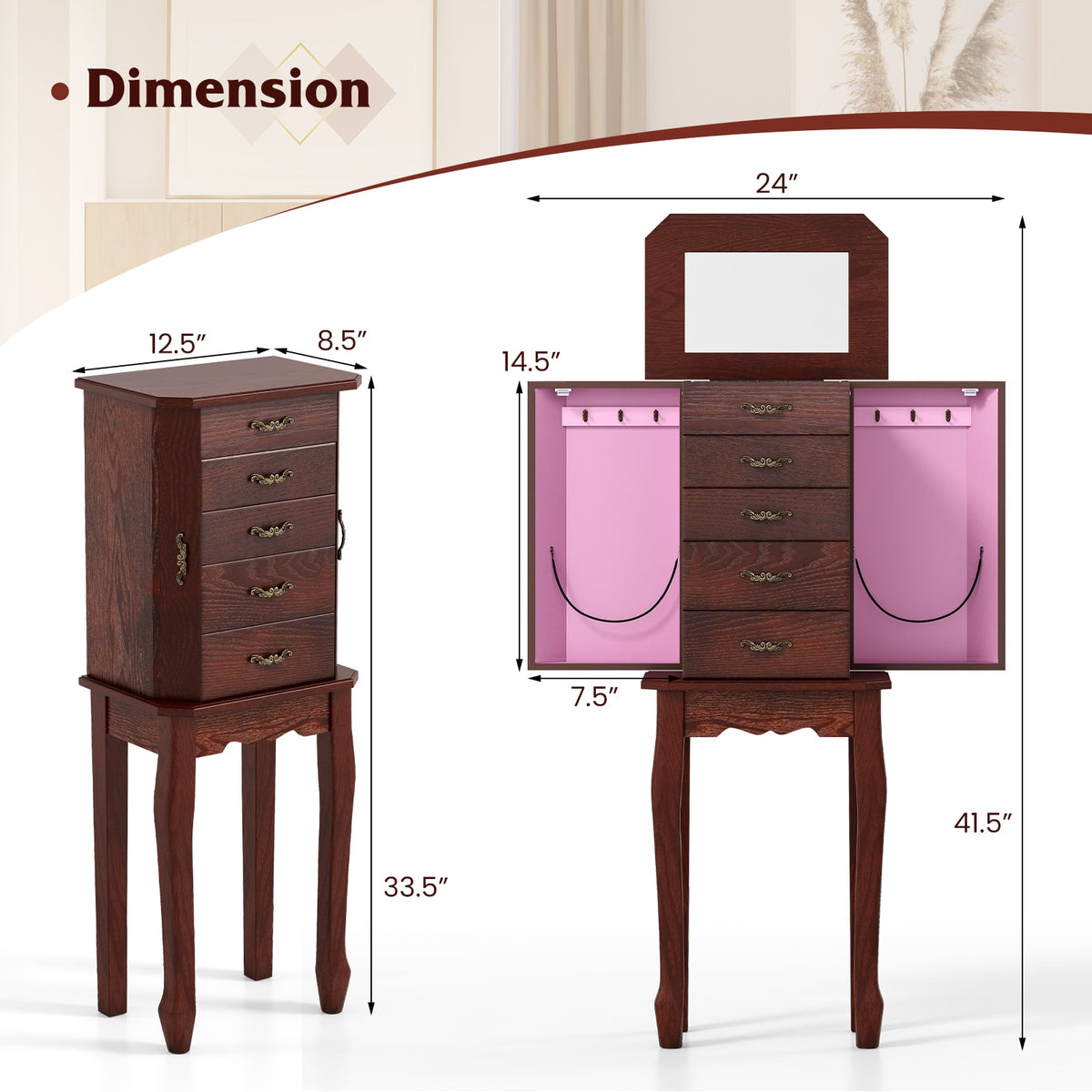 Armoire à bijoux sur pied à 5 tiroirs