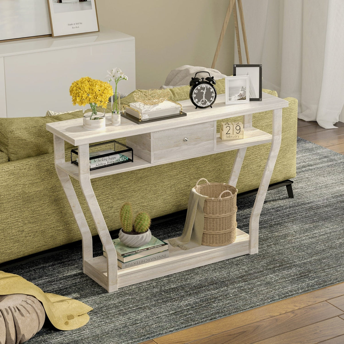 Table console moderne avec tiroir et tablettes