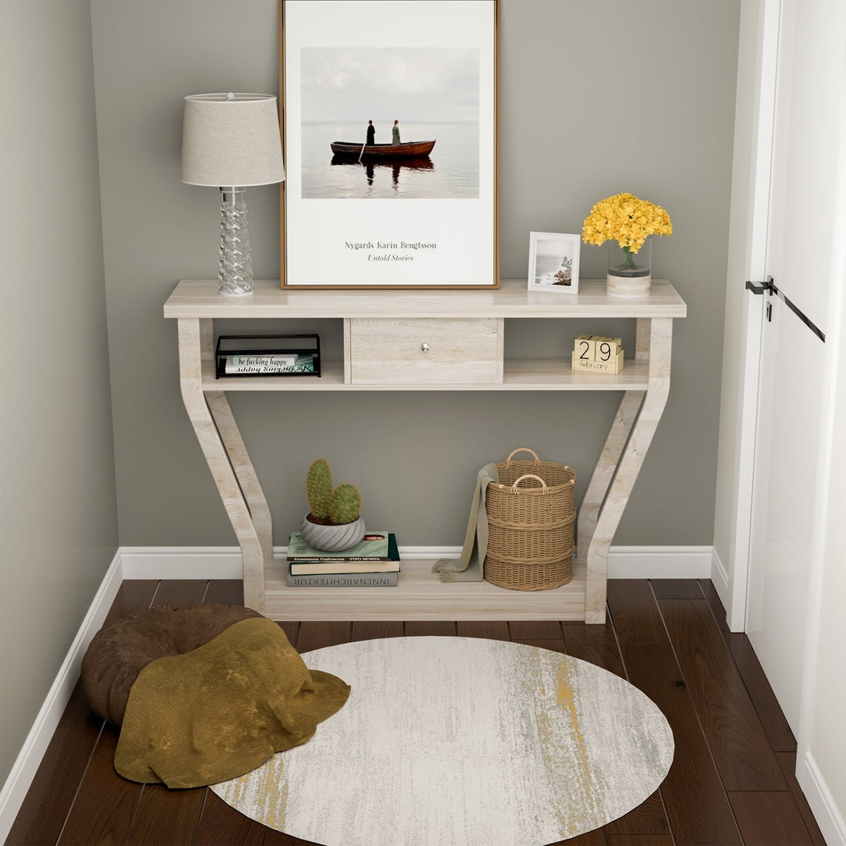 Table console moderne avec tiroir et tablettes