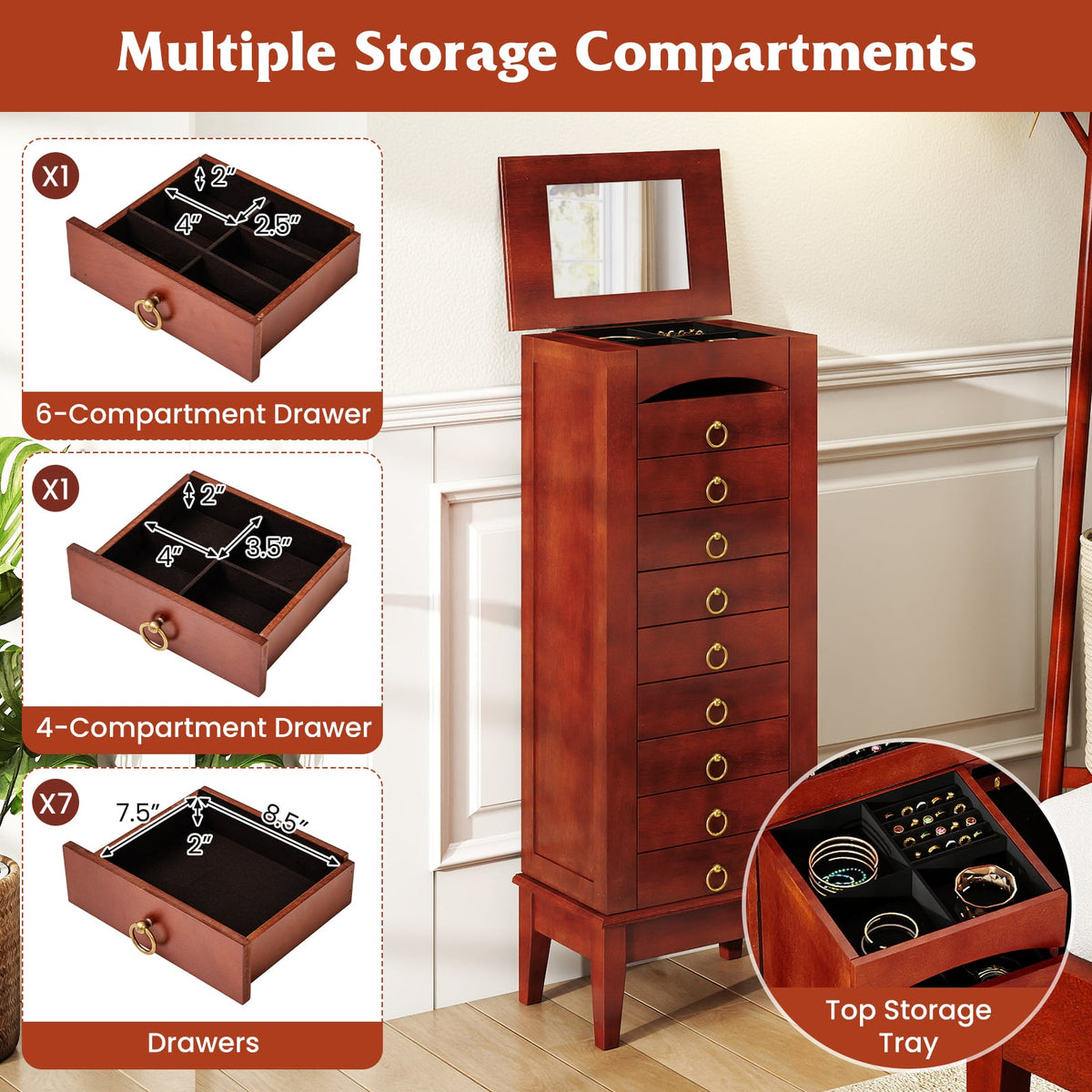 Armoire à bijoux avec miroir et 9 tiroirs