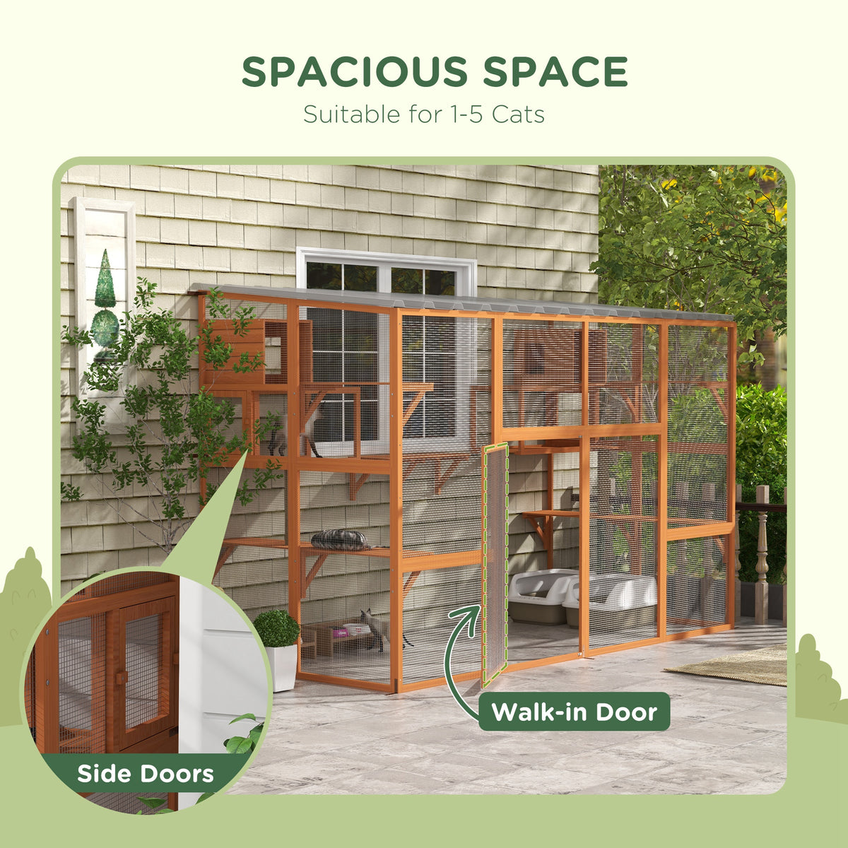 Outdoor Cat Enclosure with Condos and Waterproof Roof