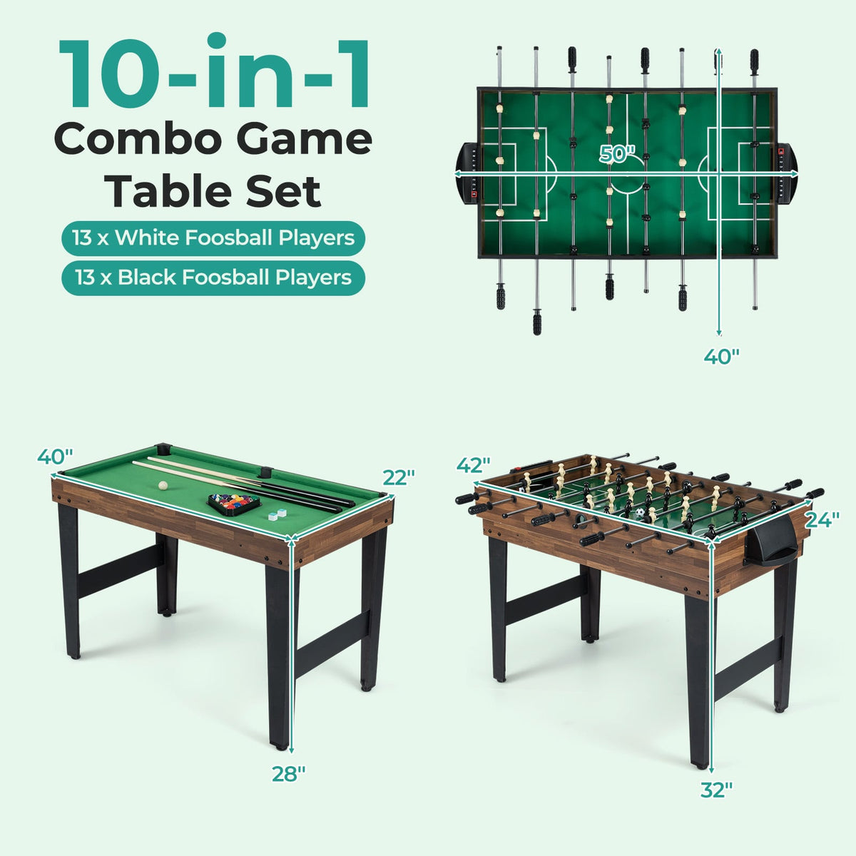 Table multi-jeux 10-en-1 de 127 cm avec baby-foot