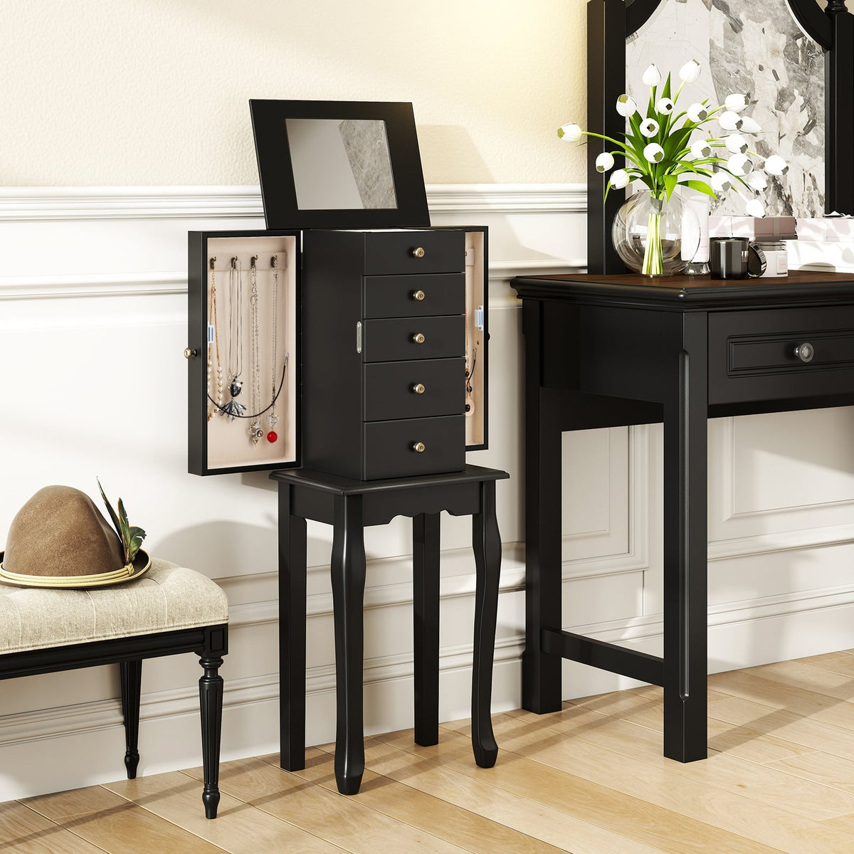 Armoire à bijoux sur pied avec miroir