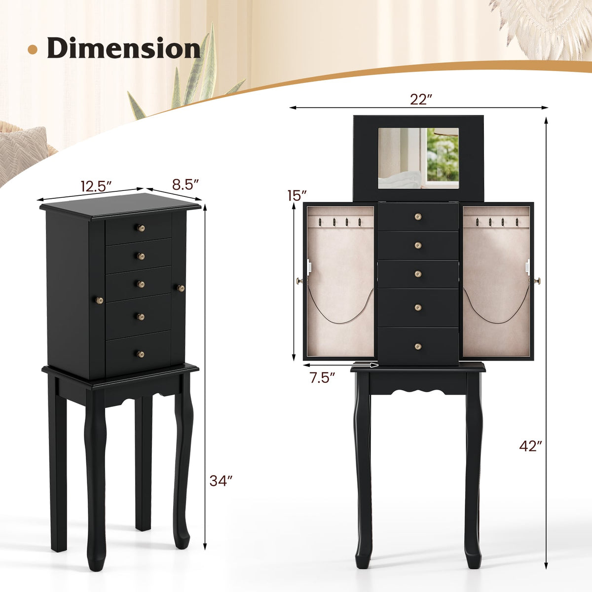 Armoire à bijoux sur pied avec miroir
