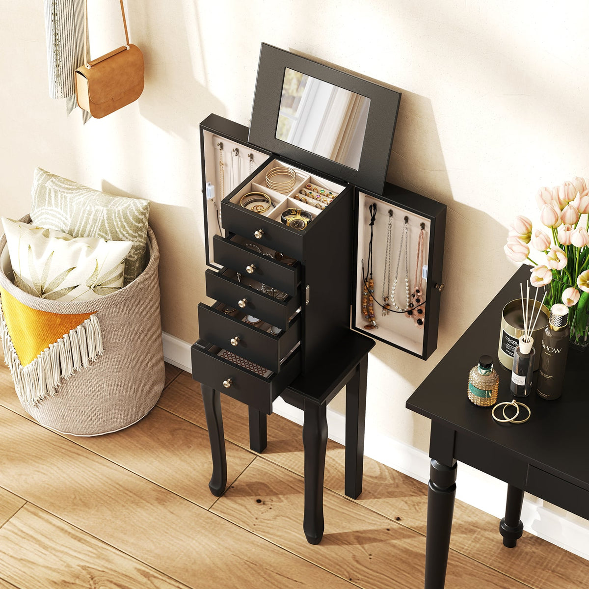 Armoire à bijoux sur pied avec miroir