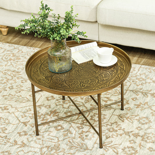 Round Coffee Table Hammered Tray Top Metal Frame