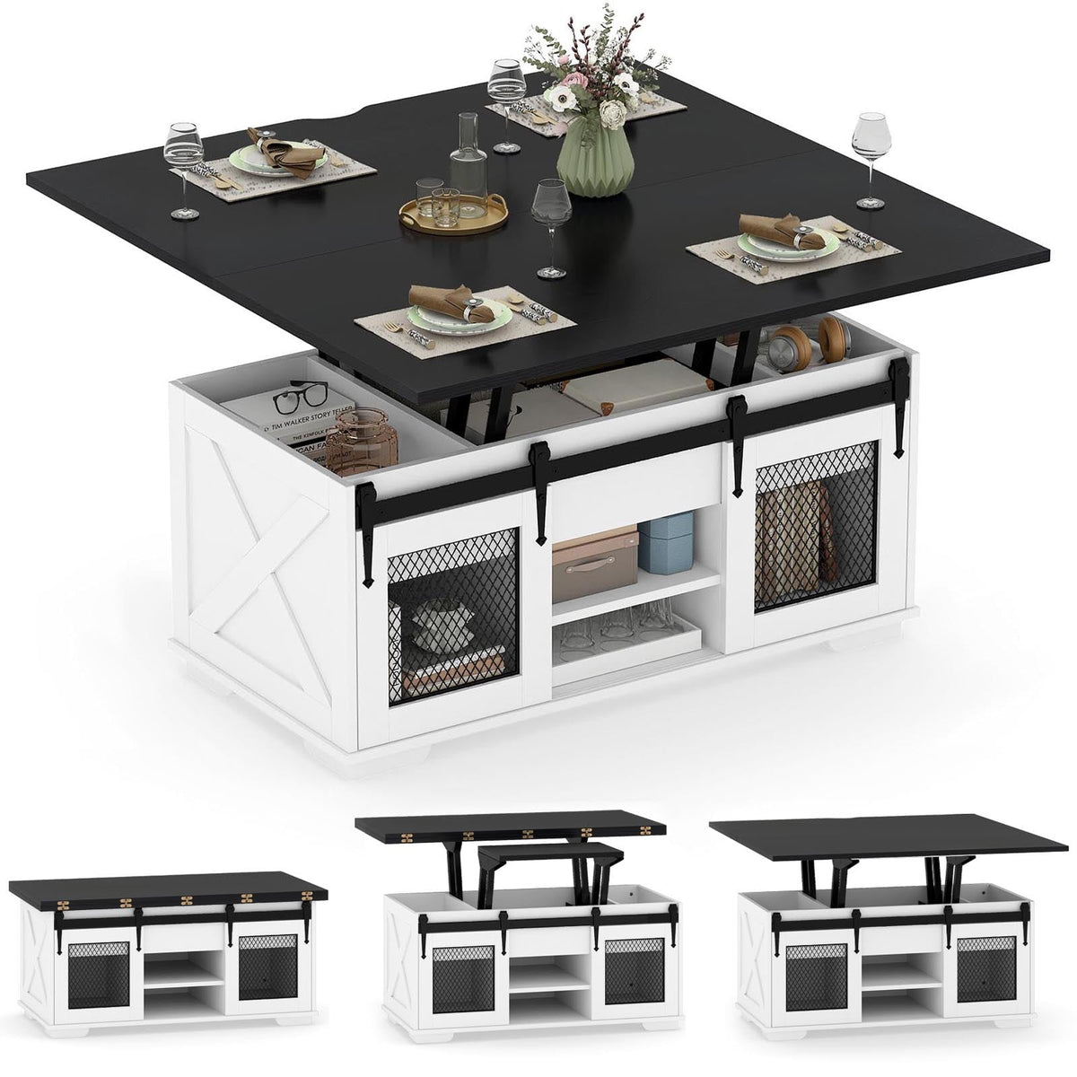 Table à café relevable avec portes de grange