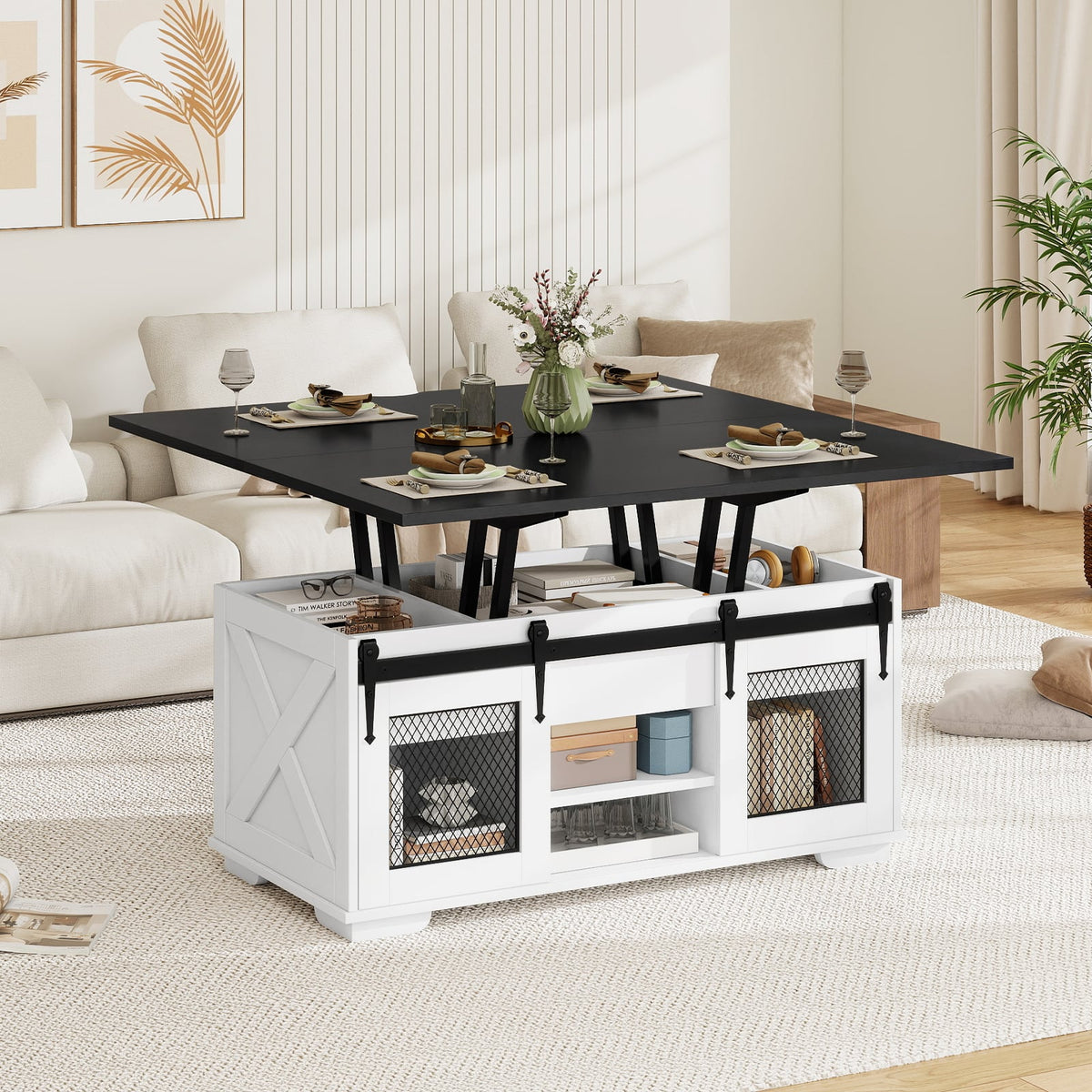 Table à café relevable avec portes de grange