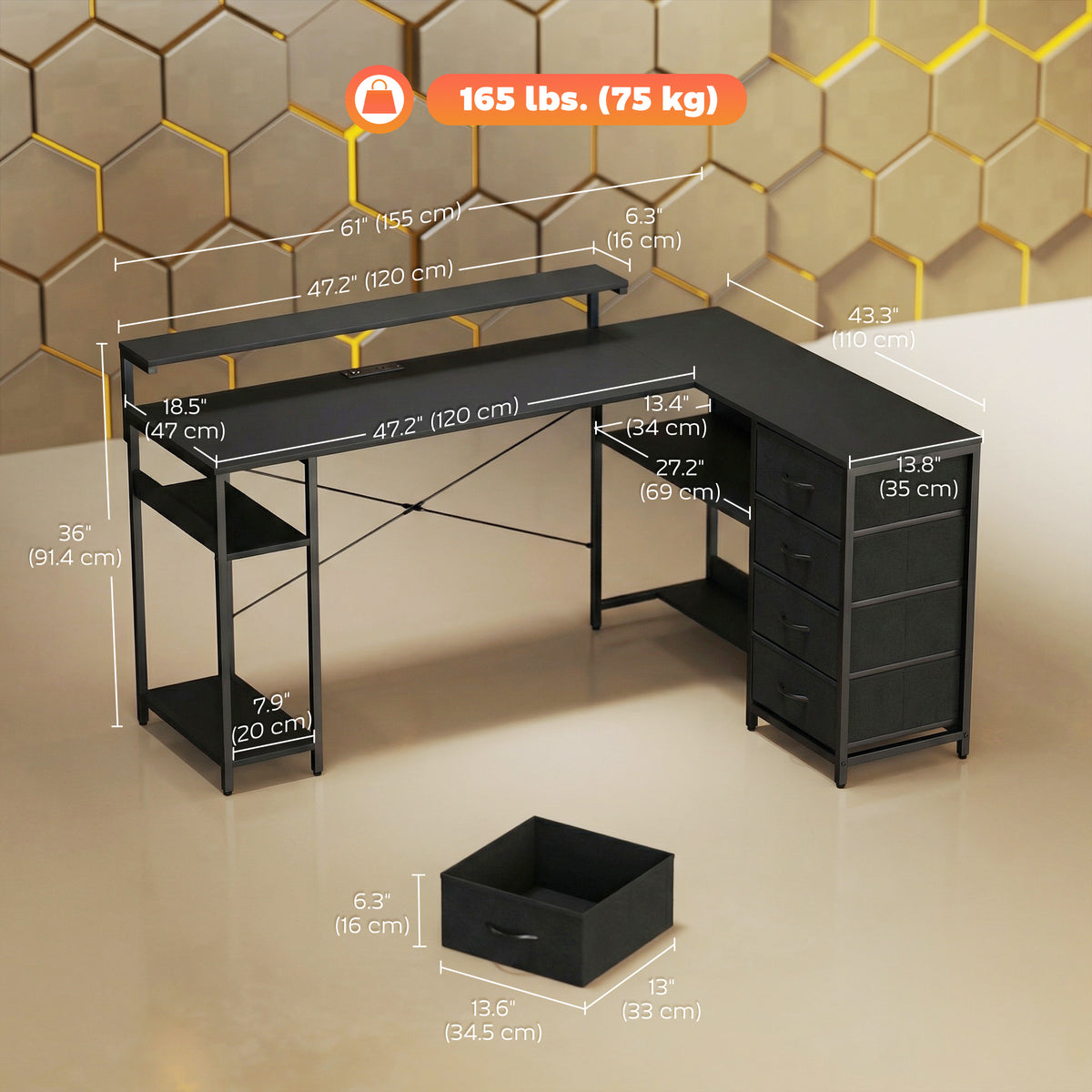 Gaming Desk L-Shaped 61 Inch with Power Outlets