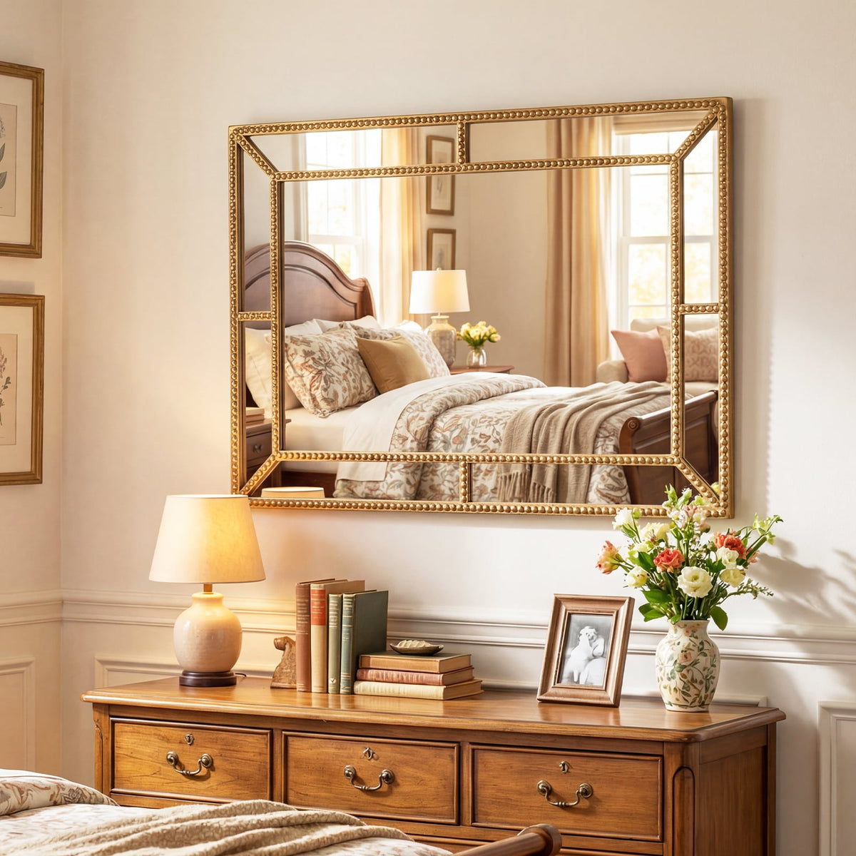 Miroir mural doré avec cadre perlé