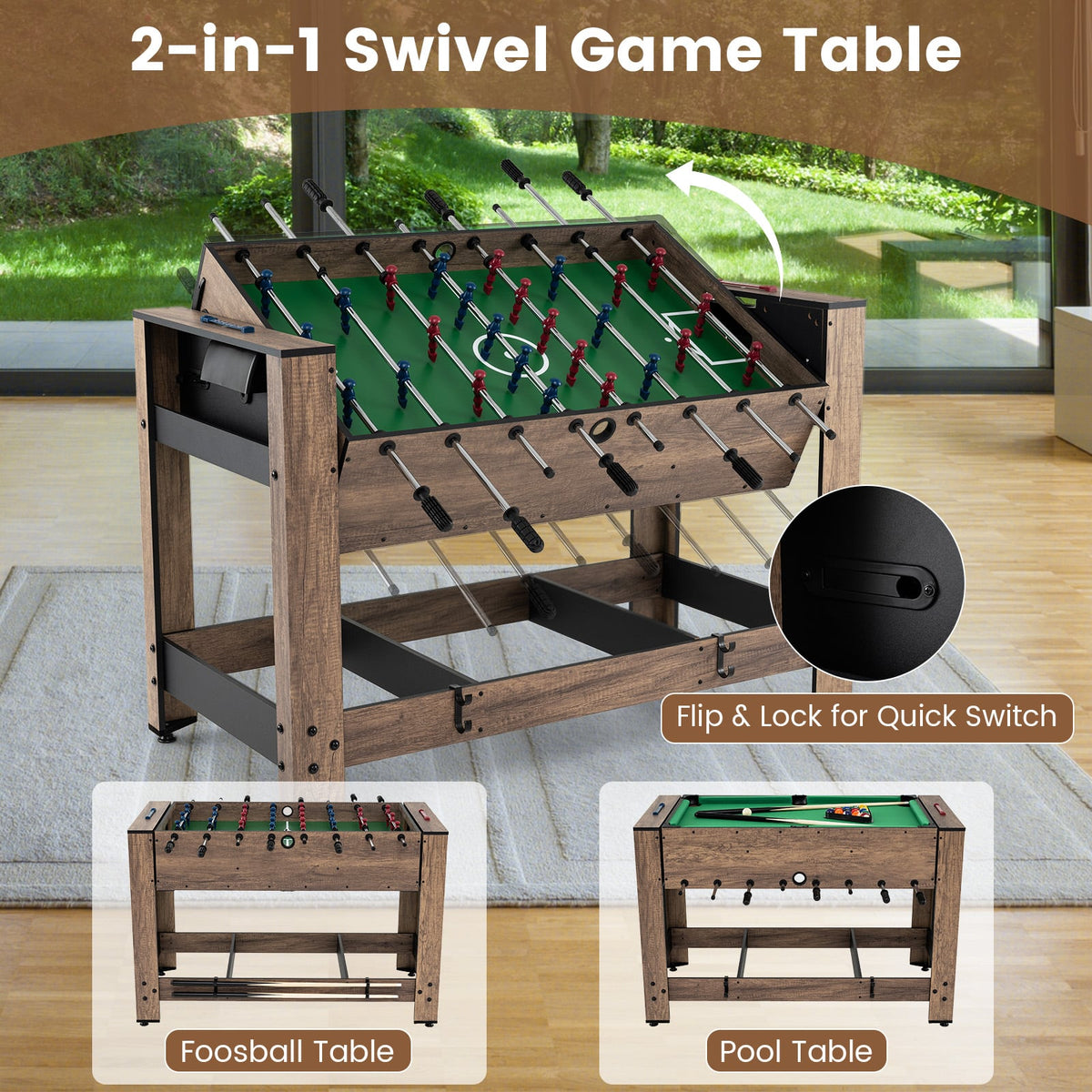 Table pivotante 2-en-1 baby-foot et billard