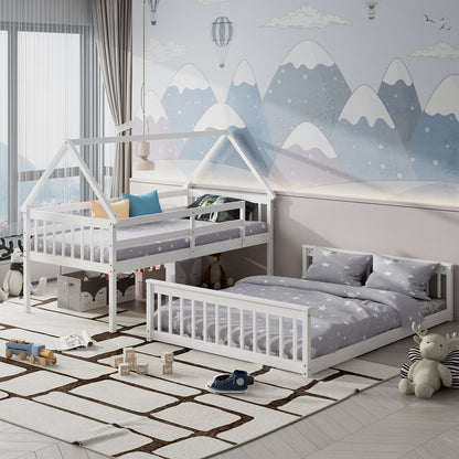 Lit superposé cabane double et simple en bois — Lot de 2