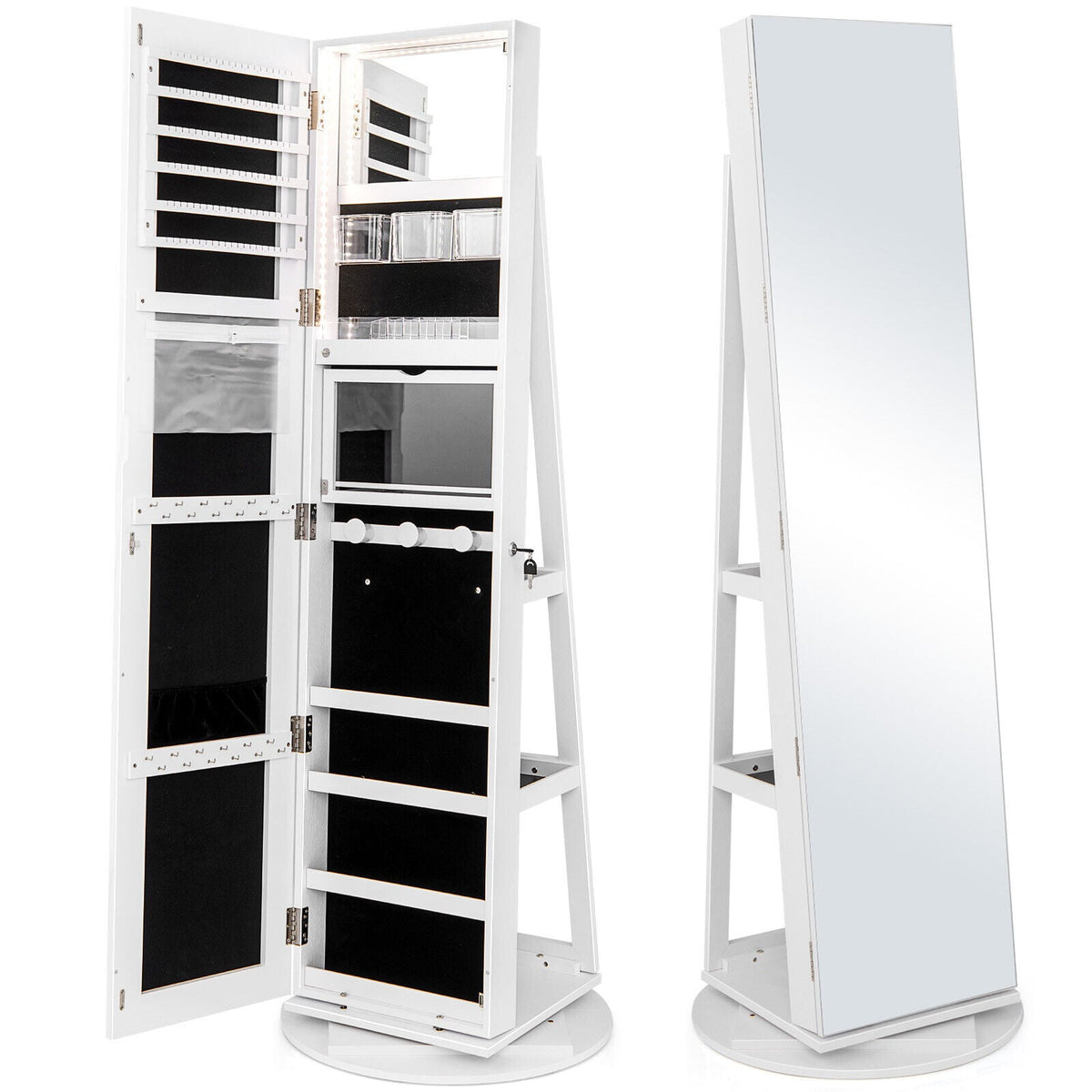 Armoire à bijoux pivotante 360° avec miroir et DEL 3 couleurs