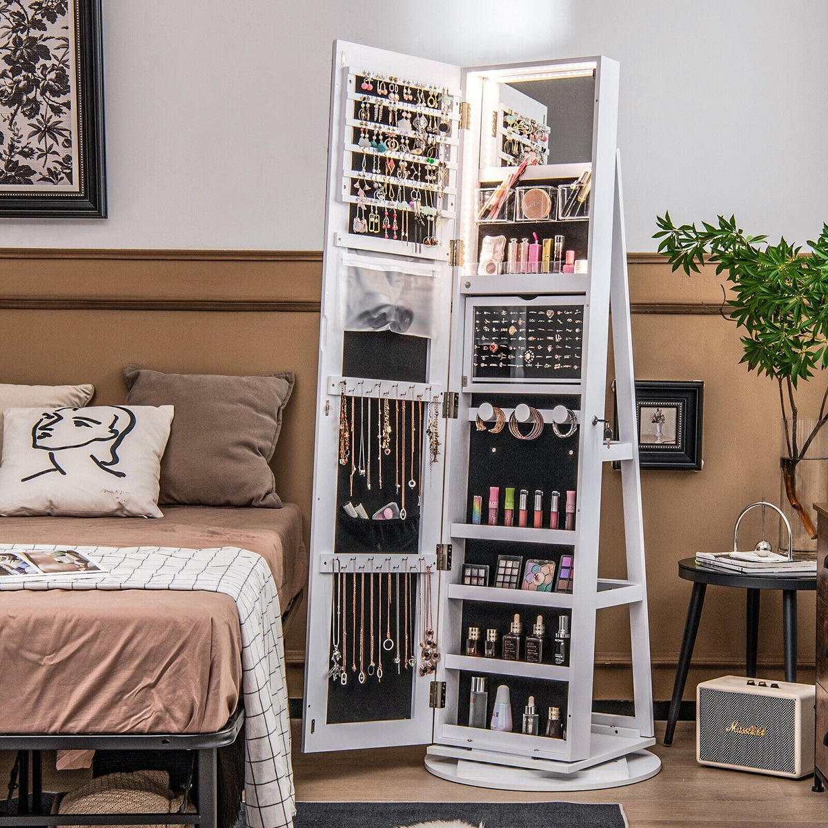 Armoire à bijoux pivotante 360° avec miroir et DEL 3 couleurs