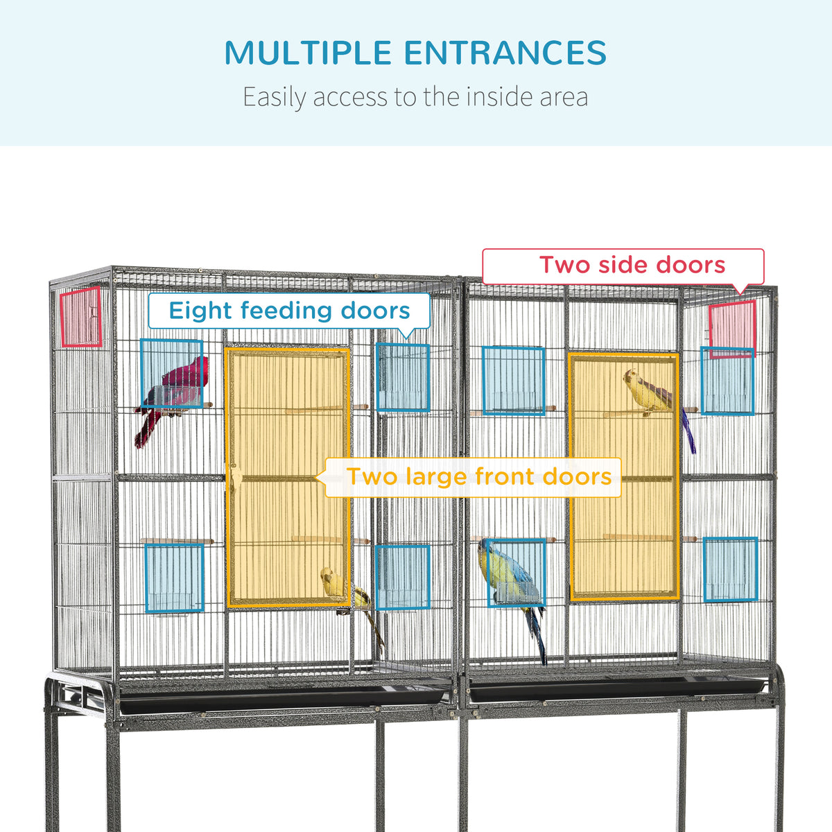 Large Rolling Bird Cage with Perches and Feeder Cups