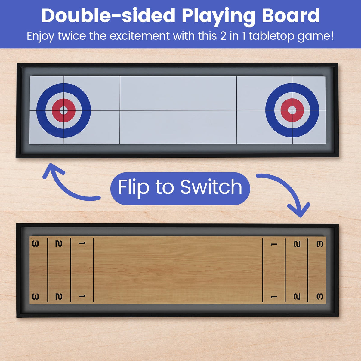 Jeu de table 2-en-1 curling et shuffleboard portable