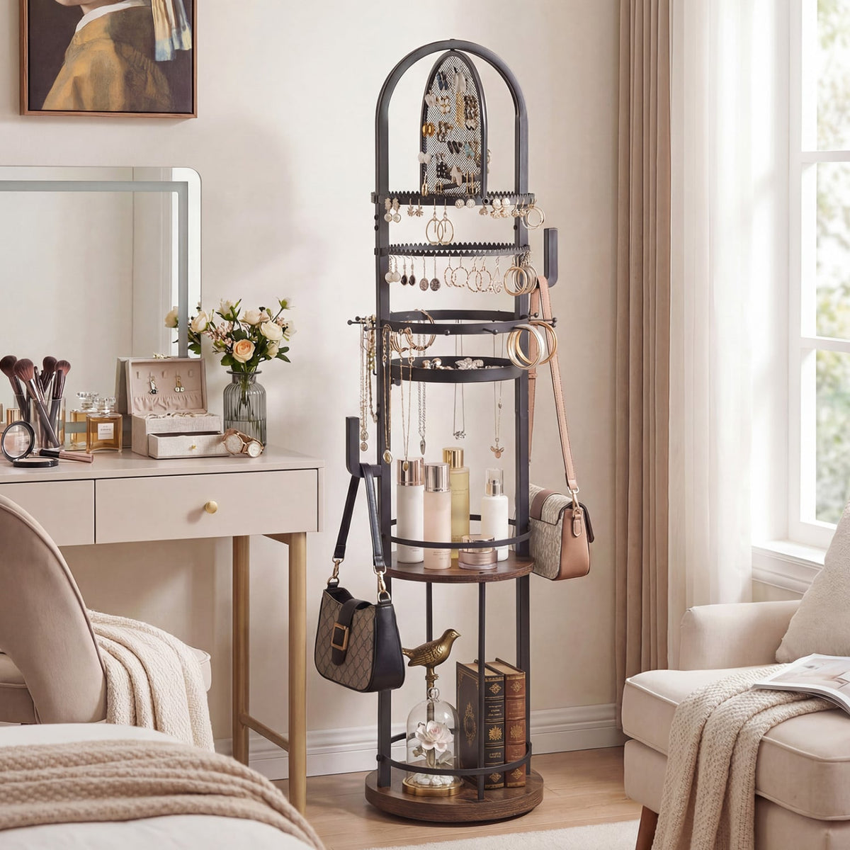 Porte-bijoux rotatif sur pied avec tablettes