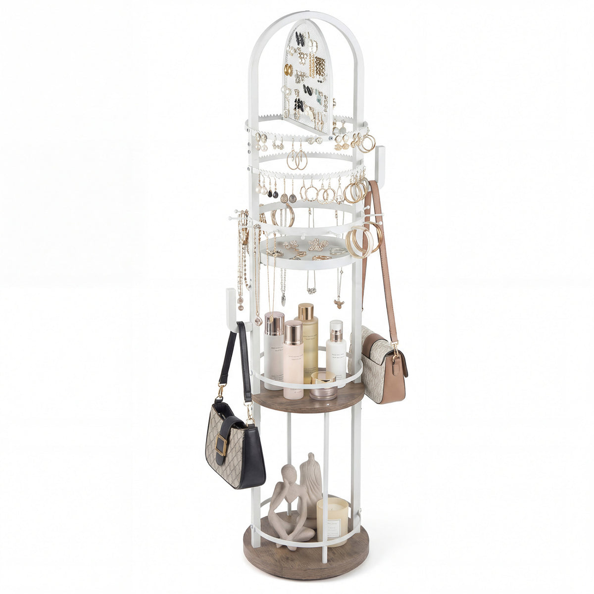 Porte-bijoux rotatif sur pied avec tablettes