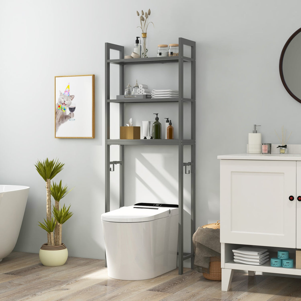 Étagère de rangement autoportante pour salle de bain métallique