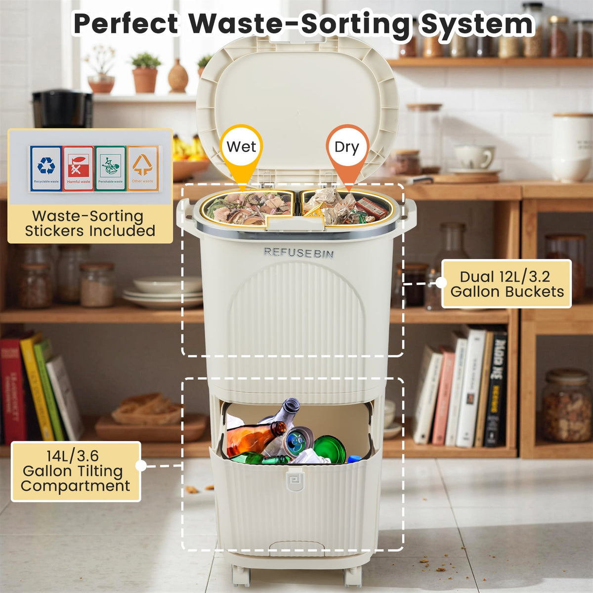 Poubelle de cuisine double 38 L avec couvercle et roulettes