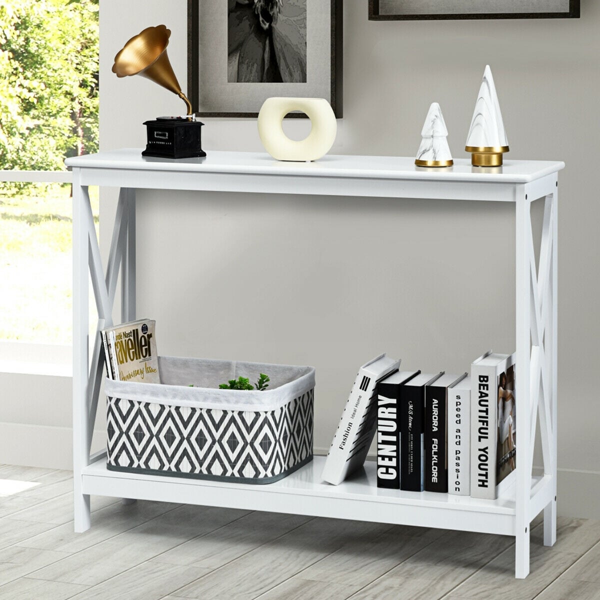 Table console 2 niveaux à motif en X
