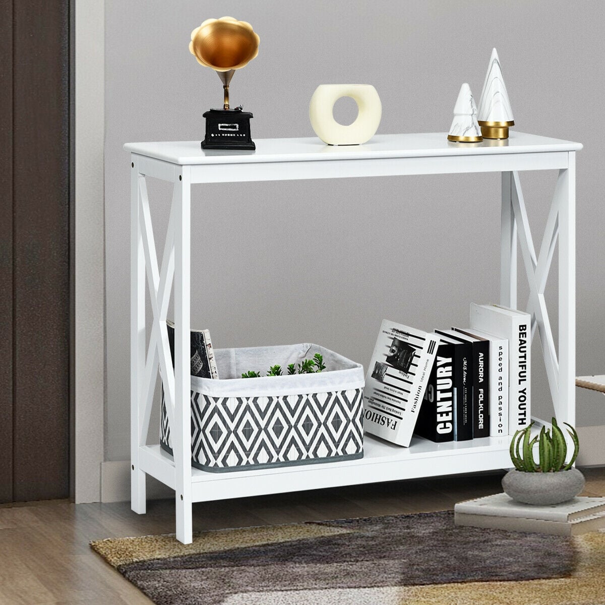 Table console 2 niveaux à motif en X