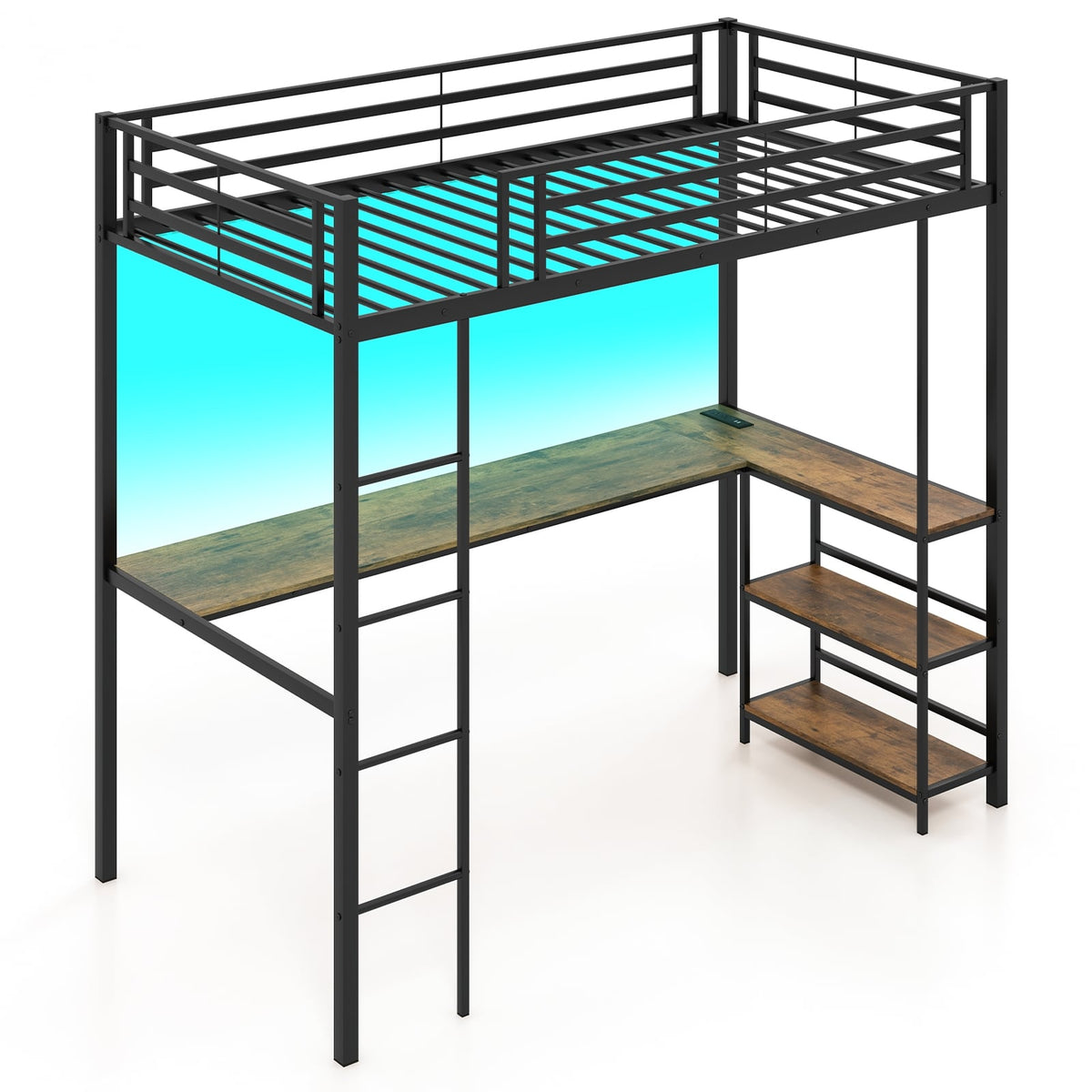 Lit mezzanine une place avec bureau et étagères LED