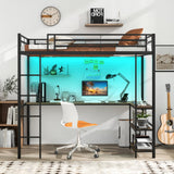Twin size loft bed with desk and LED shelves