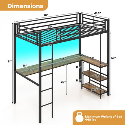 Lit mezzanine une place avec bureau et étagères LED
