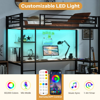 Lit mezzanine une place avec bureau et étagères LED