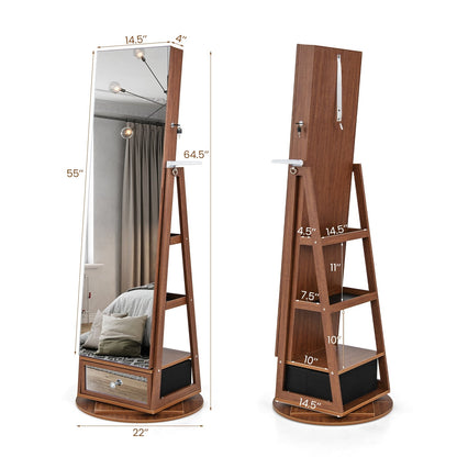 Armoire à bijoux pivotante verrouillable avec miroir pleine longueur et DEL