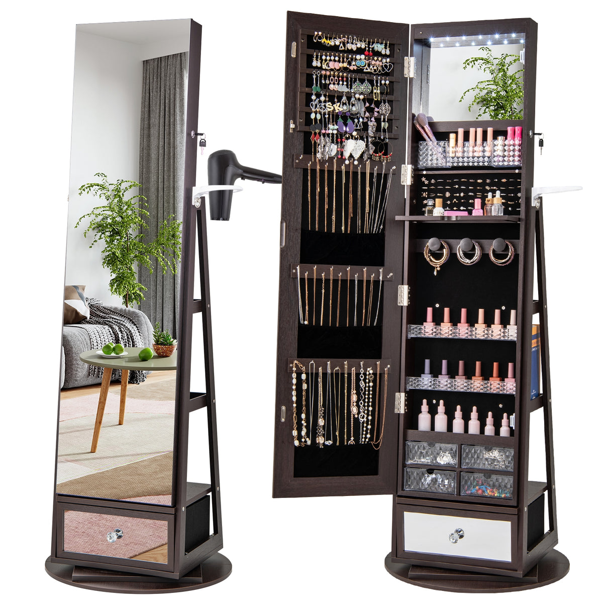 Armoire à bijoux pivotante verrouillable avec miroir pleine longueur et DEL