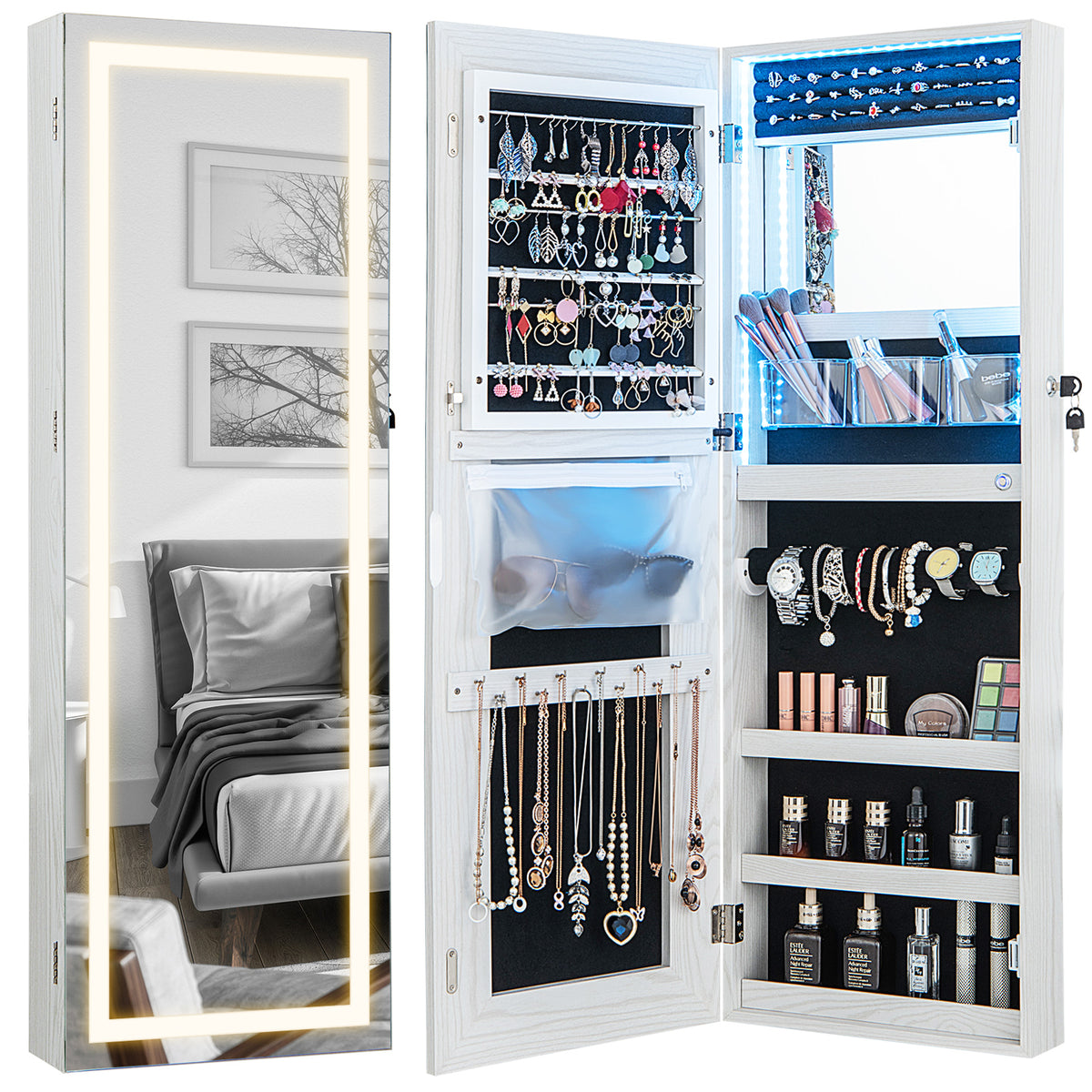 Armoire à bijoux murale verrouillable avec miroir et DEL