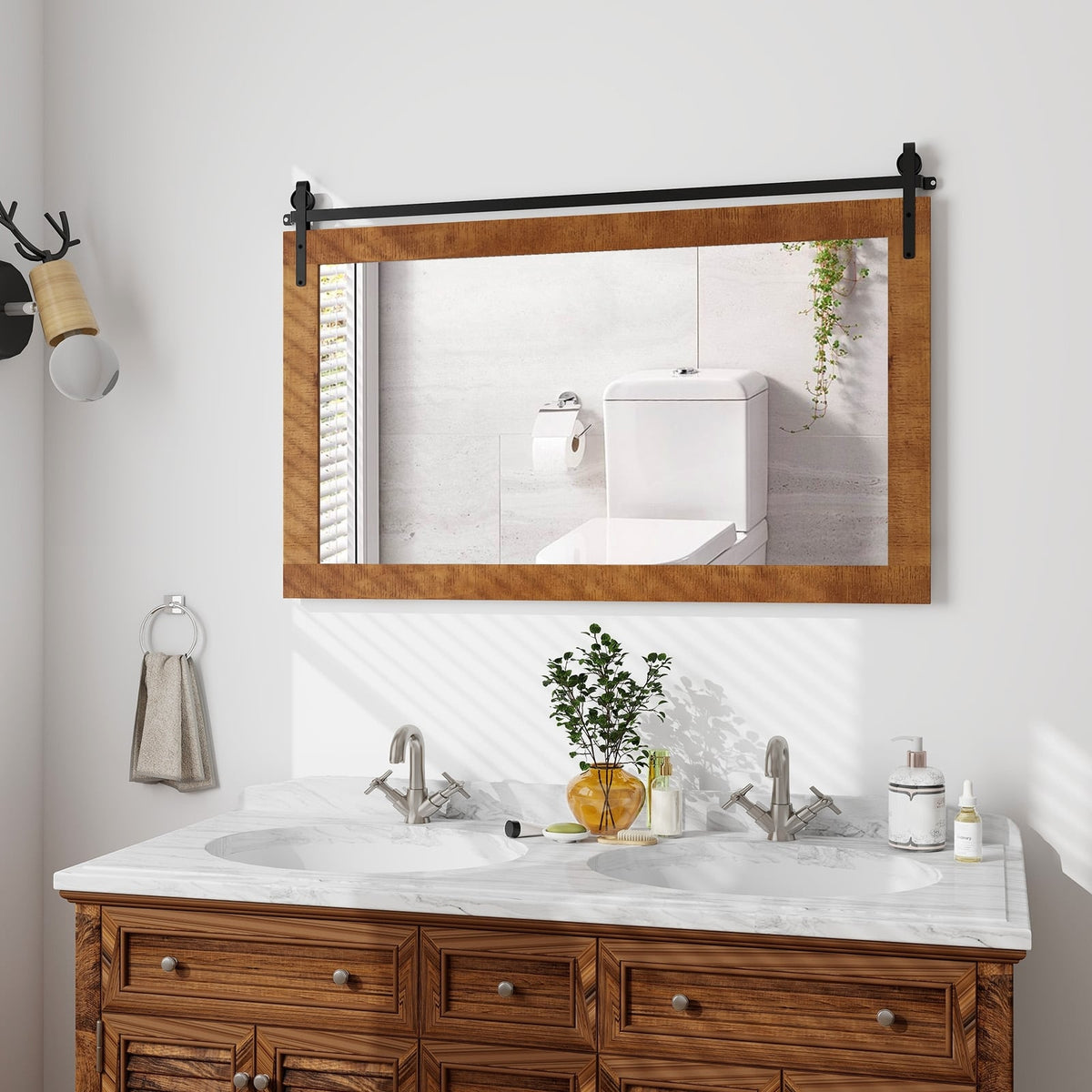Miroir mural style porte de grange en bois massif 102 x 66 cm