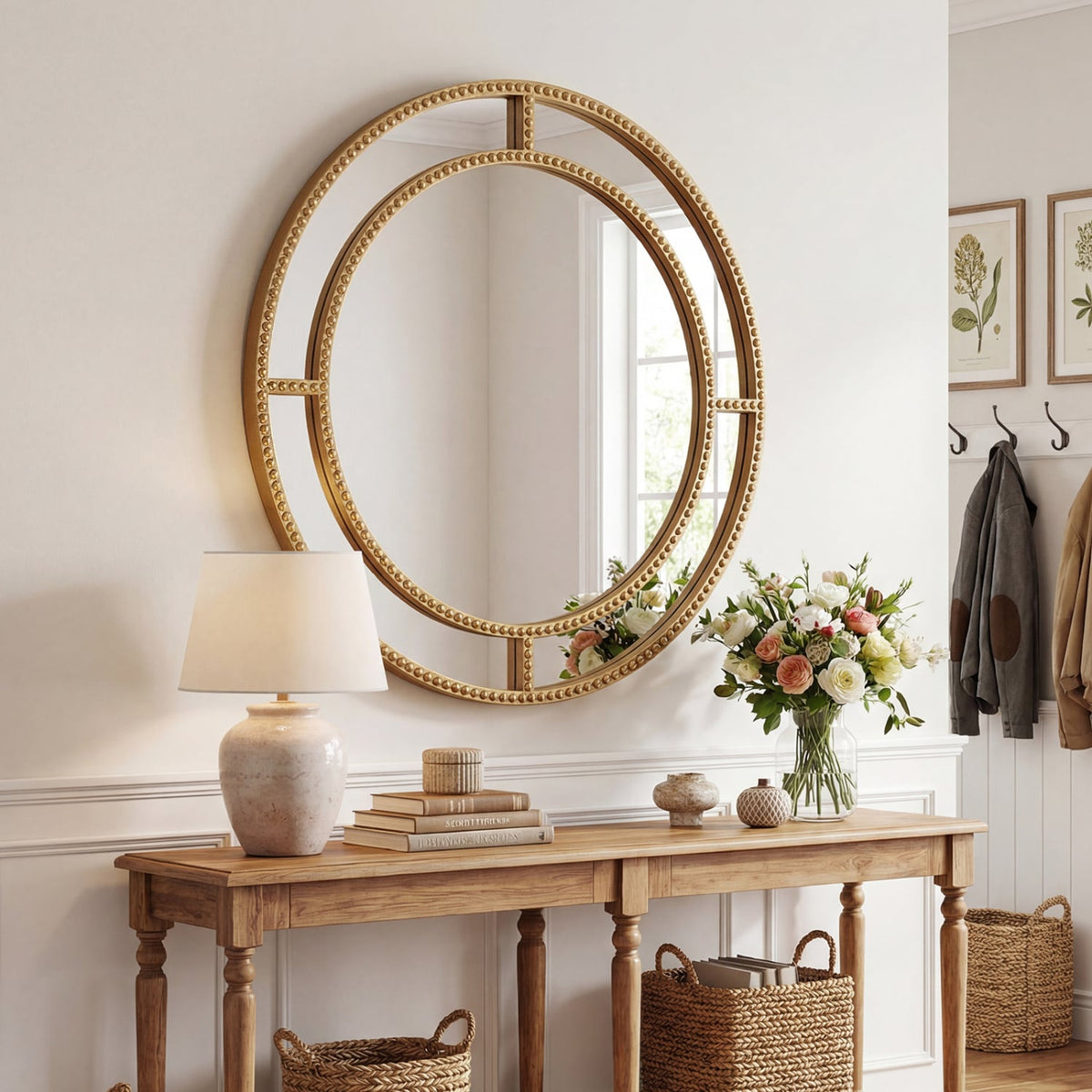Miroir mural rond doré perlé 71 cm — Or