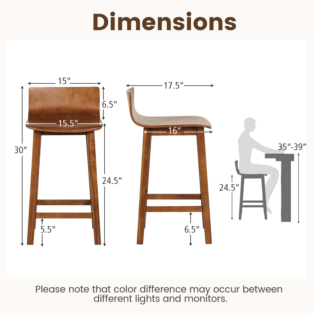 Tabourets de bar en bois dossier solide — Lot de 2