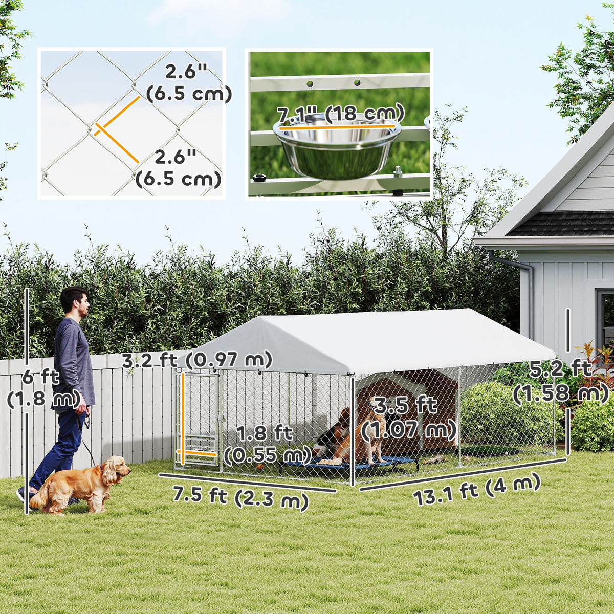 Outdoor dog kennel with bowls and resistant cover
