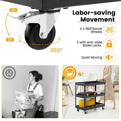 Chariot de service utilitaire à 3 tablettes sur roulettes