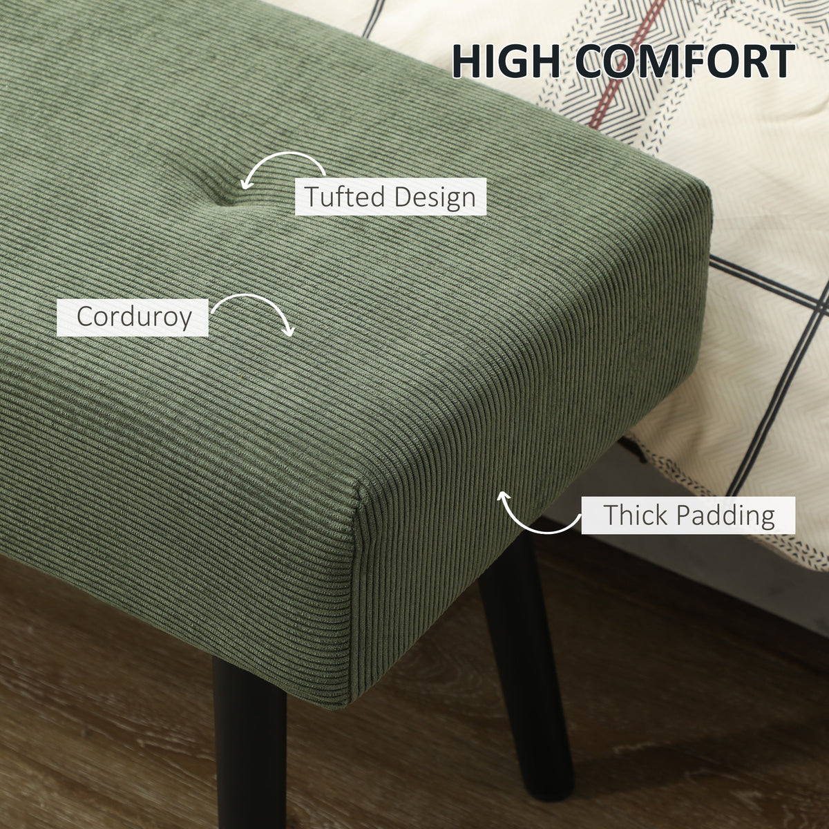 Tufted Corduroy Upholstered Bench with Steel Legs