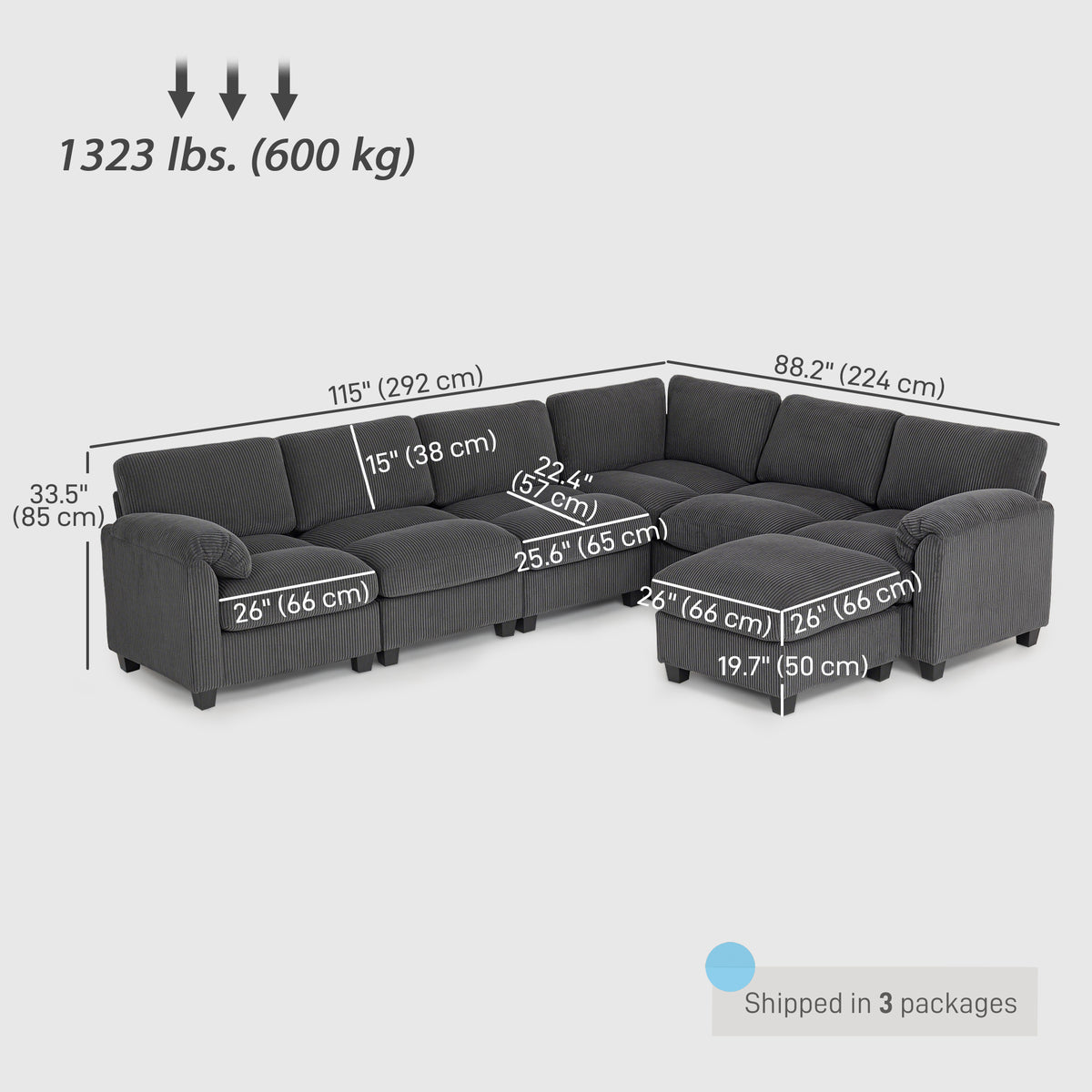 Modular U-Shaped Sectional Sofa in Corduroy